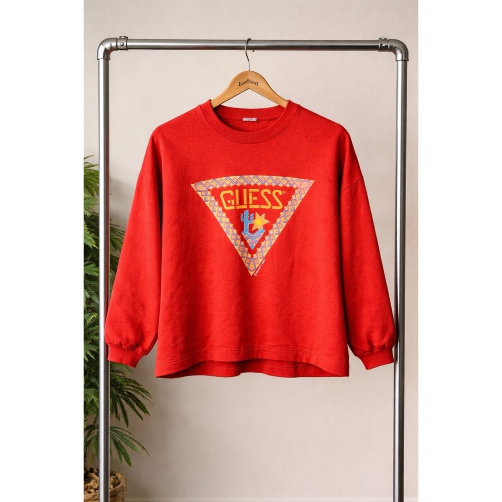 Vintage GUESS Sweatshirt 90s Y2K Triangle Southwest Logo Red Boxy Crop Fits M/L